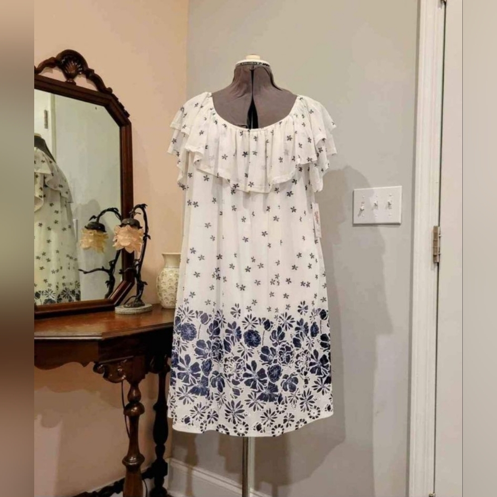NWT 2X White Ruffly Dress w/Blue Embossed Flowers